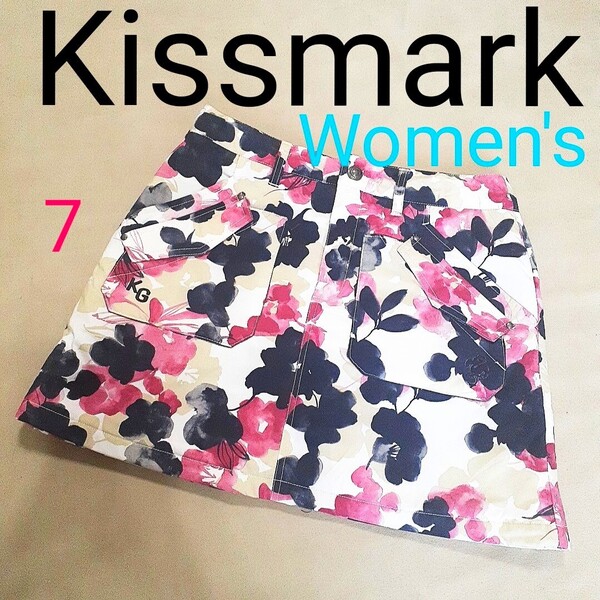 【超美品】KissMark キスマーク レディース7〜9 ゴルフスカート ミニスカート 中綿スカート ゴルフウェア ロゴ刺繍 花柄 総柄 ゴルフ