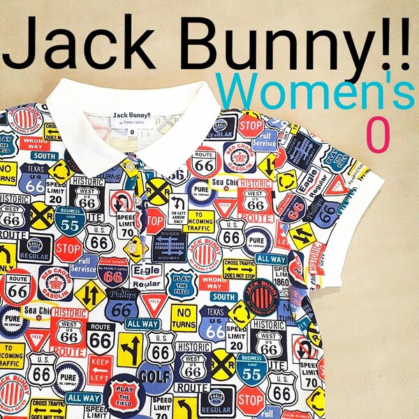 【超美品】JackBunny!! ジャックバニー レディース0 S相当 ゴルフ半袖ポロシャツ ゴルフポロシャツ ゴルフウェア 総柄 総柄デザイン