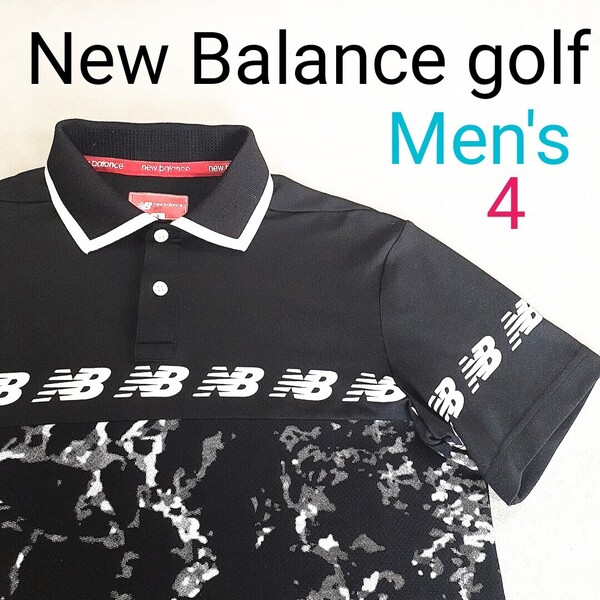 【超美品】New Balance golf ニューバランスゴルフ メンズ4 M相当 半袖ポロシャツ ゴルフ ポロシャツ 総柄 マーブル柄 ロゴ ブラック