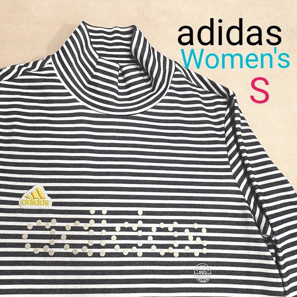 【超美品】adidas アディダス レディースS モックネック ゴルフウェア ゴルフシャツ ゴルフ ボーダー柄 ワッペン 長袖 ハイネック