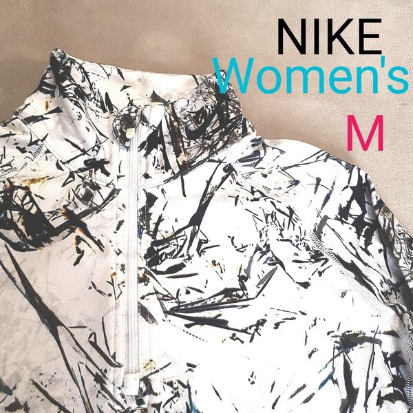 【超美品】NIKE ナイキ レディースM 裏起毛 ランニング ジョギング マラソン 防寒 総柄 ロングシャツ ロングTシャツ スポーツ