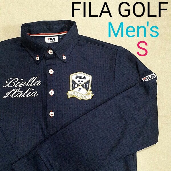 【超美品】FILA GOLF フィラゴルフ メンズS ボタンダウン 長袖シャツ ゴルフウェア ポロシャツ ボタンダウンシャツ ゴルフシャツ 濃紺