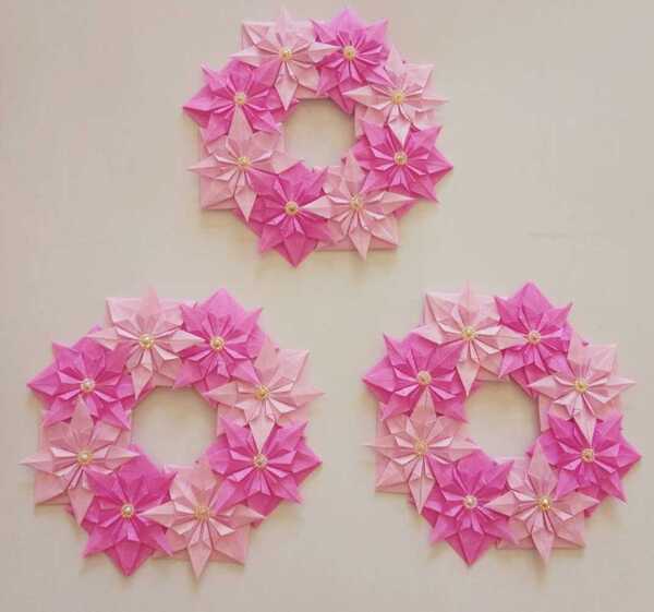 手作り折り紙細工ハンドメイド★桜の花びらリース3個セット★壁面飾り 幼稚園 お見舞い