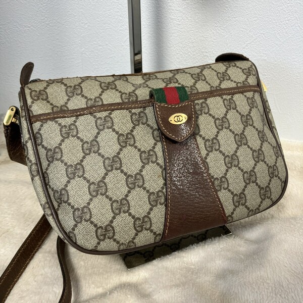 GUCCI オールドグッチ ヴィンテージ シェリーライン GG柄 PVC×レザー ショルダーバッグ 斜め掛け クロスボディ