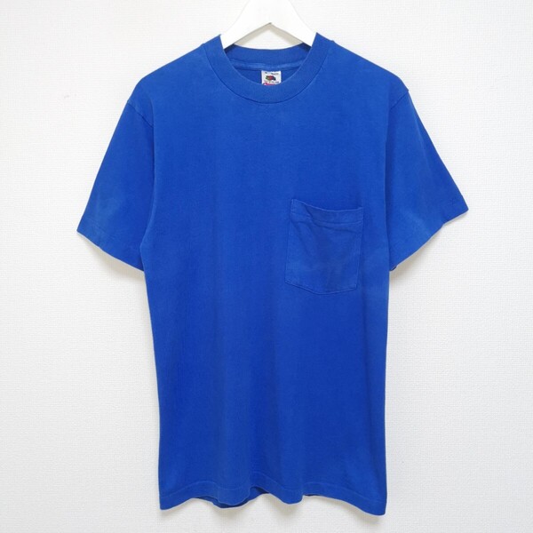 即決 M 90s FRUIT OF THE LOOM フルーツオブザルーム ポケット Tシャツ 無地 ポケT ブルー USA製