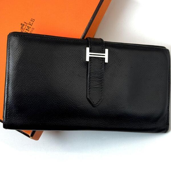 エルメス HERMES ベアン スフレ 財布 長財布 折り財布 二つ折り 黒 ブラック □J ユニセックス レザー