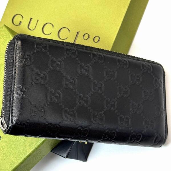 良品 グッチ GUCCI シマ 財布 長財布 ラウンドファスナー ラウンドジップ 本革 レザー 黒 ブラック GG 307987 ユニセックス ウォレット