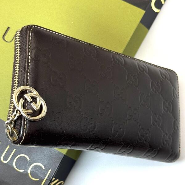良品 グッチ GUCCI シマ 財布 ラウンドファスナー ラウンドジップ GG インターロッキング ブラウン 茶 212110 ウォレット ユニセックス