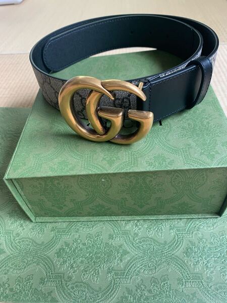 新品GUCCI GGスプリームキャンバス レザーベルト 金具バックル ゴールド ビジネス ブラック 80サイズ