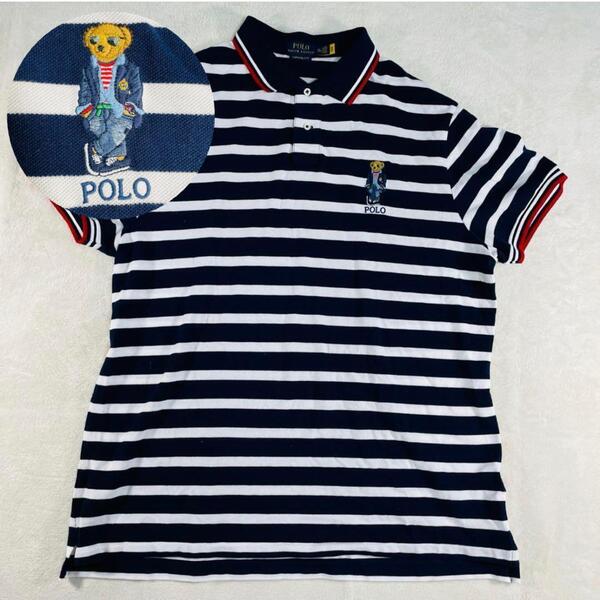 POLO RALPH LAUREN ポロラルフローレン ポロベア刺繍 ボーダー ポロシャツ XXL 紺白 美品 カスタムスリムフィット 綿100%