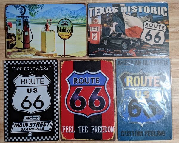 ブリキ看板 5枚 ☆ ルート66 アメ車 ROUTE66 FEEL THE FREEDOM 給油所 TEXAS HISTORIC メタルプレート