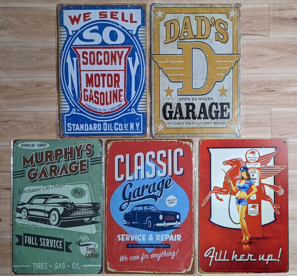 ブリキ看板 5枚 ☆ ガレージ CLASSIC GARAGE アメ車 ガソリン レトロカー SOCONY 給油 メタルプレート
