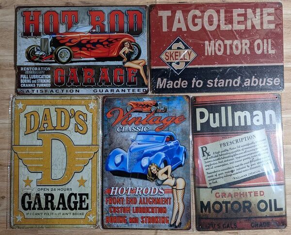 ブリキ看板 5枚 ☆ ガレージ DAD'S GARAGE モーターオイル ホットロッド ピンナップガール メタルプレート