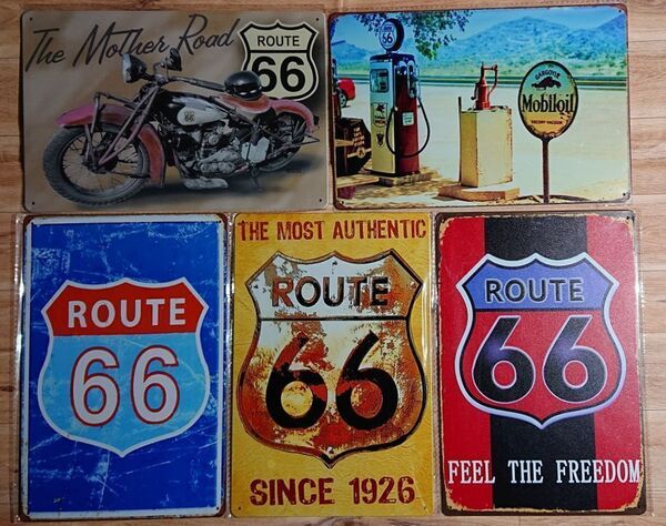 ブリキ看板 5枚 ☆ ルート66 ROUTE66 給油所 モーターサイクル THE MOST AUTHENTIC メタルプレート