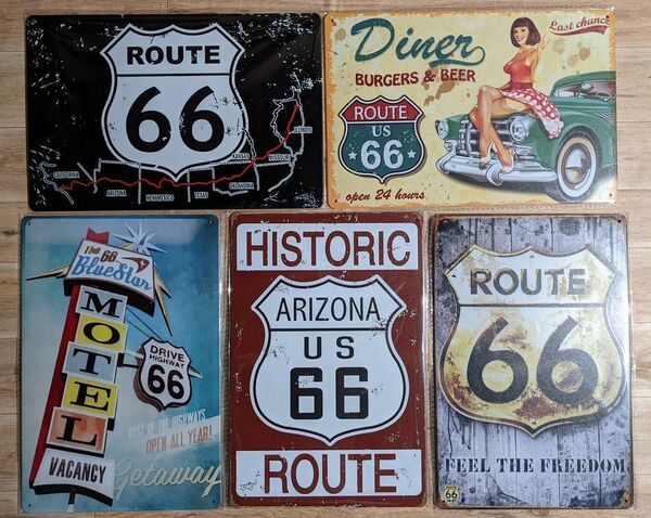 ブリキ看板 5枚 ☆ ルート66 ROUTE66 ピンナップガール DINER MOTEL ARIZONA メタルプレート.