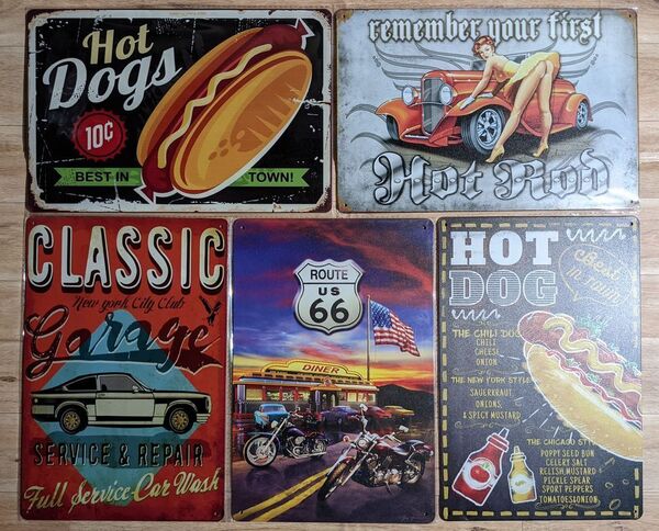 ブリキ看板 5枚 ☆ ホットドッグ ガレージ HOT DOGS ルート66 モーターサイクル アメ車 ピンナップガール メタルプレート