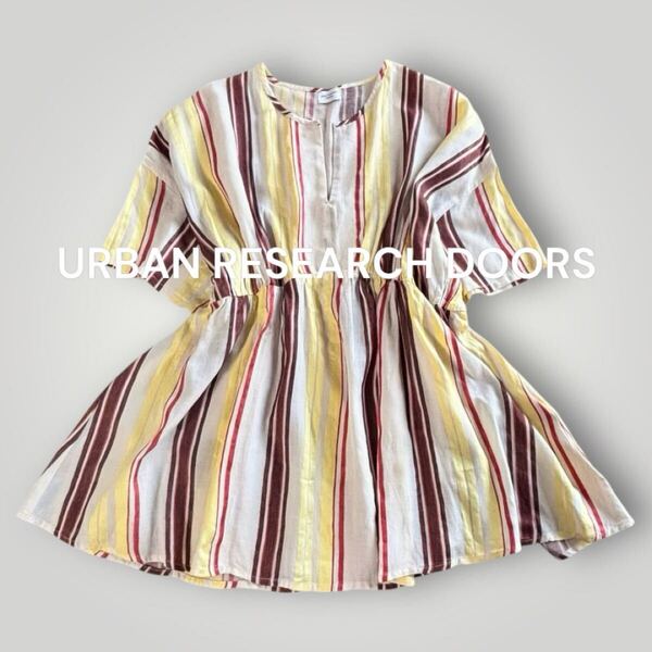 1748【URBAN RESEARCH DOORS/アーバンリサーチドアーズ】コットンリネンブラウス 綿麻 夏 ストライプ 半袖 スキッパー リゾート カジュアル