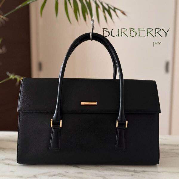 極美品 BURBERRY バーバリー レザートートバッグ*ノバチェック レディース 牛革 本革 ブラック 黒 ハンド フォーマル ビジネス 通勤