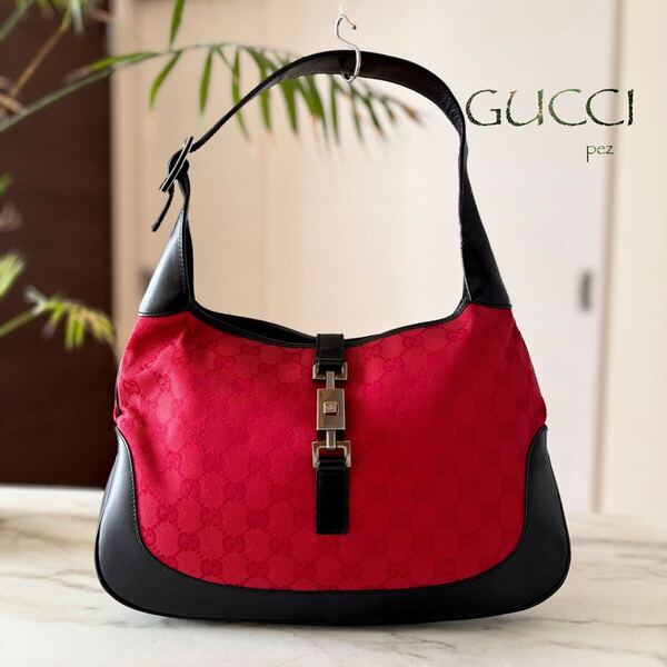 超美品 GUCCI グッチ ジャッキー GG柄 レザーショルダーバッグ*レディース 本革 牛革 ブラック 黒 赤 レッド トート ハンド
