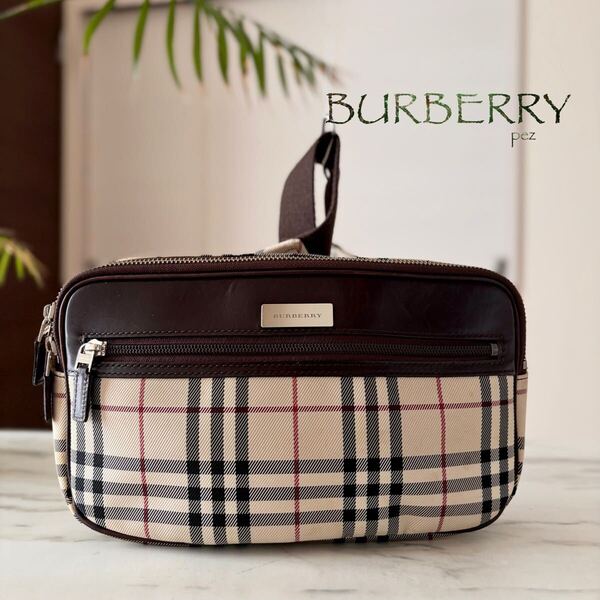 極美品 BURBERRY バーバリー レザーボディバッグ*ノバチェック レディース メンズ 牛革 本革 ブラウン 茶 ショルダー 肩掛け 斜め掛け