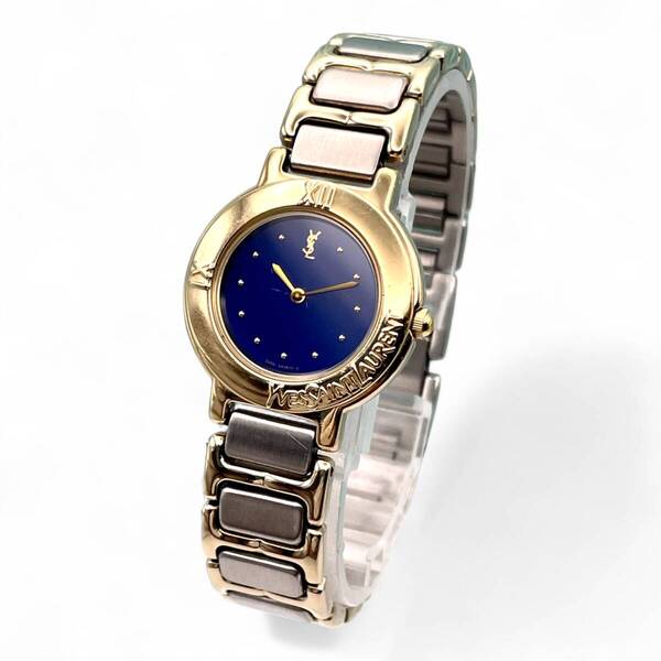 稼動 ■ Yves Saint Laurent イヴ・サンローラン 時計 ゴールド YSL コンビカラー ブルー 文字盤 ラウンド レディース N3290-38-50