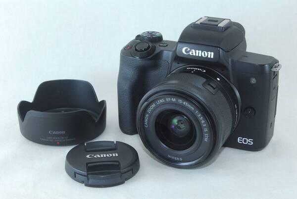 ★極美品★Canon キャノン EOS kiss M ブラック EF-M 15-45mm IS STM レンズキット フード付き♪