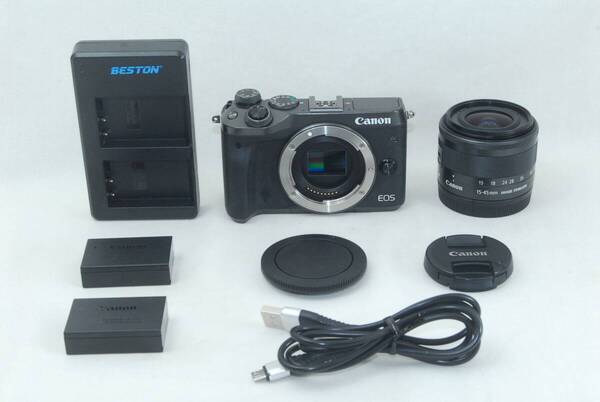 ★実用良品★Canon キャノン EOS M6 EF-M 15-45mm f3.5-6.3 IS STM レンズキット ブラック バッテリー2個付き♪