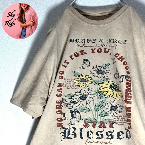 CALL YOUR MOTHER コールユアマザー STAY BLESSED メンズ ビッグプリント Tシャツ クリーム ベージュ XL 古着 #SB0117