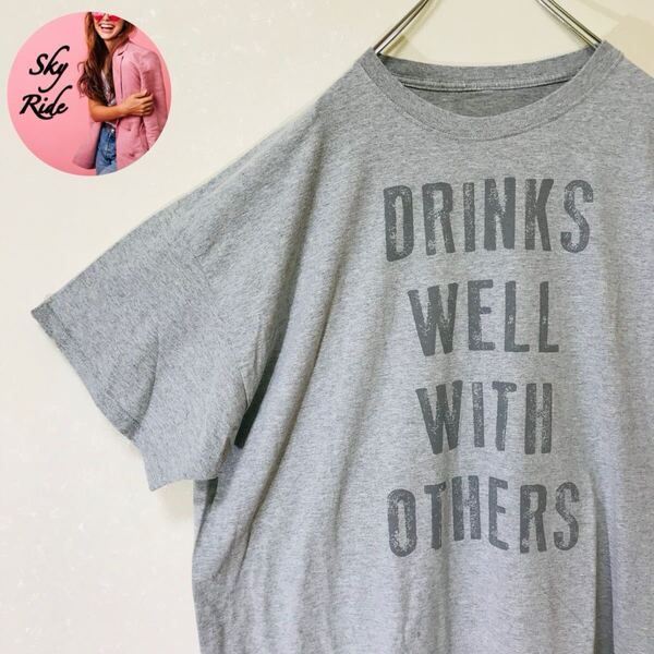 DRINKS WELL WITH OTHERS メンズ 英字 ビッグプリント ビッグシルエット Tシャツ グレー 3L 古着 #TT0184