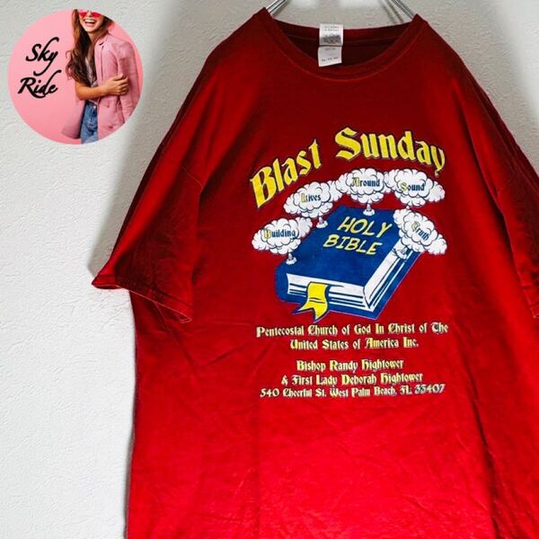 【美品】GILDAN ギルダン Blast Sunday Building Lives メンズ ビッグプリント 00s Tシャツ レッド 2XL 古着 #SB0200