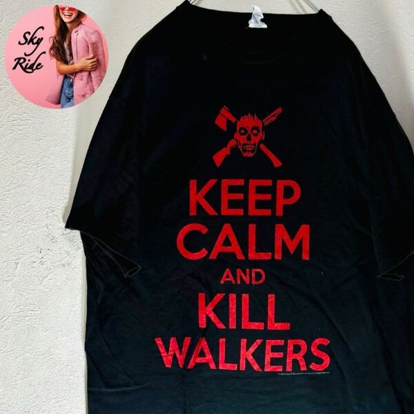 【美品】DELTA PRO WEIGHT ウォーキング・デッド KEEP CALM ビッグプリント メンズ Tシャツ ブラック XL 古着 #SB0206