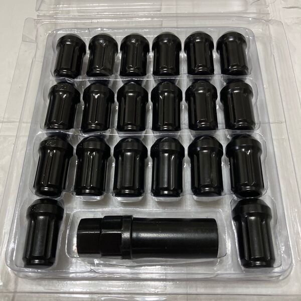スチール製 ホイールロックナット 20個セット M12 x P1.5 高さ33mm 外6角 花形 ラグナット 4穴/5穴19HEXと21HEX兼用ソケット付き ブラック