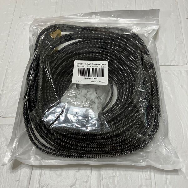 BUSOHE LANケーブル20M Cat8フラット編みケーブル高速 RJ45コネクタ薄型イーサネットケーブルめっき種別8シールド折れ防止 留め具30個付