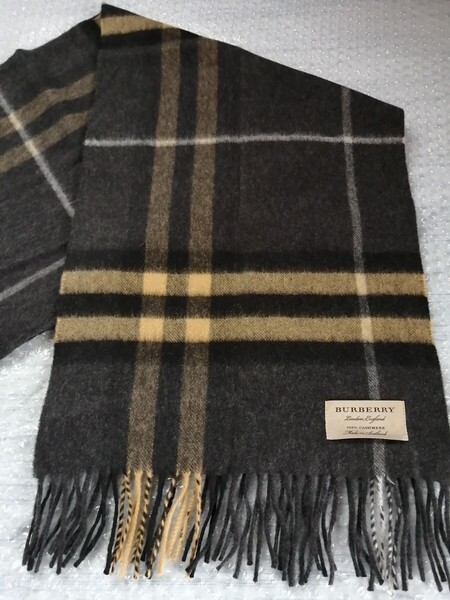 BURBERRY バーバリー マフラー ストール スカーフ ショール カシミヤ100% ダークグレー&ベージュ 美品! 送料無料!