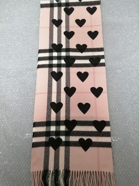 BURBERRY バーバリー マフラー カシミア100% サーモンピンク ブラックハート リバーシブル ストール スカーフ ショール 未使用に近い