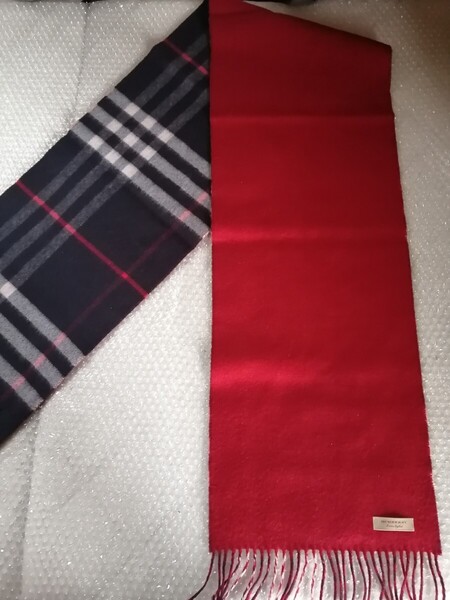 BURBERRY バーバリー マフラー カシミア100% リバーシブル レッドxネイビー 送料無料! ストール スカーフ ショール