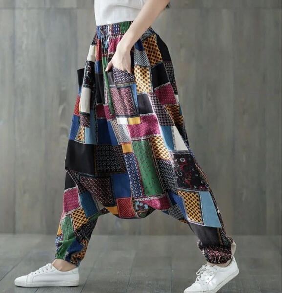 新品 アジアン エスニック パッチワーク サルエルパンツ アラジンパンツ ダンス ヨガ ウエストゴム メンズ レディース