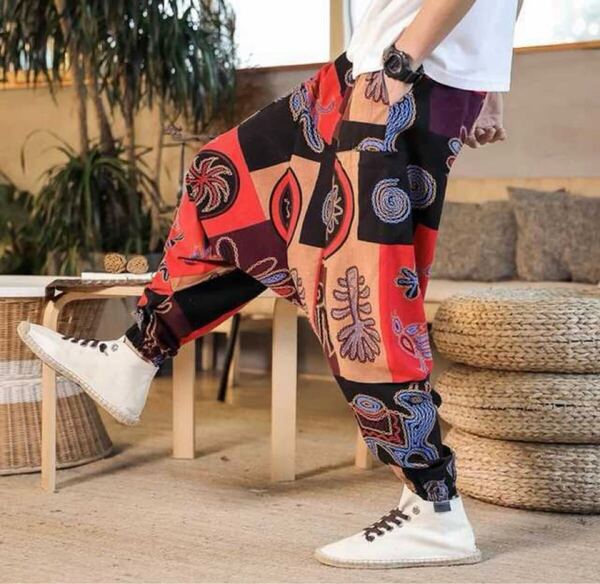 新品 人気 アジアン エスニック サルエルパンツ メンズ アラジンパンツ ダンス ヨガ ウエストゴム ユニーク柄 暖色系