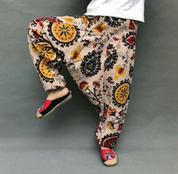 新品 サルエルパンツ アラジン カジュアルパンツ エスニック ボタニカル プリント メンズ ルームウェア ベージュ系 花柄 綿麻 リネン