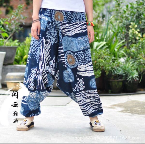 新品 アジアン サルエルパンツ インディゴ ブルー 藍 青 ダンス スケボー ウエストゴム ゆるダボ ポケット かっこいい メンズ 部屋着 柄