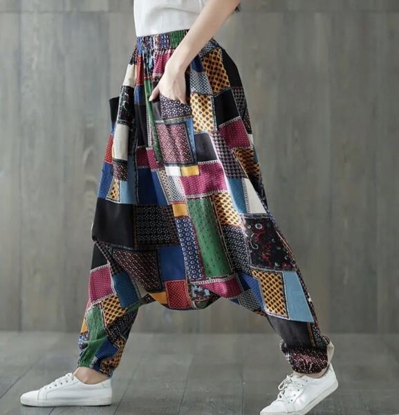 新品 アジアン エスニック パッチワーク サルエルパンツ アラジンパンツ ダンス ヨガ ウエストゴム メンズ
