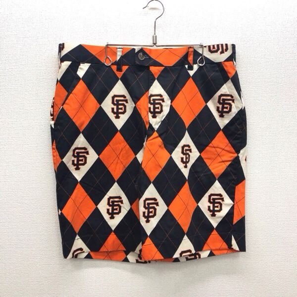 【GE206】LOUDMOUTH W34 MLB 総柄ハーフパンツ オレンジ×ブラック ストレッチ生地 GEMUIME MERCHAMDISE ブランド古着 送料無料