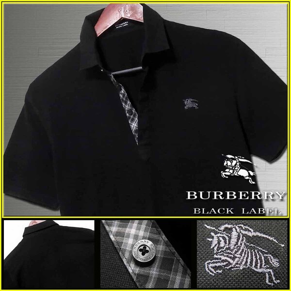美品!前立チェック ブラック ポロシャツ ナイト刺繍入 サイズM 日本製▼バーバリーブラックレーベル BURBERRY BLACK LABEL