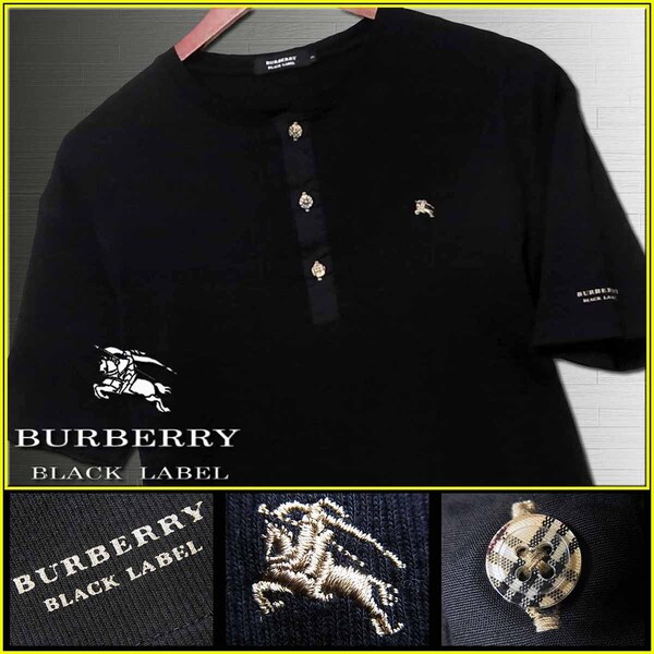 希少L!極上傑作!ノバチェックボタン&金ナイト刺繍 ヘンリーネック カットソー▼バーバリーブラックレーベル BURBERRY BLACK LABEL