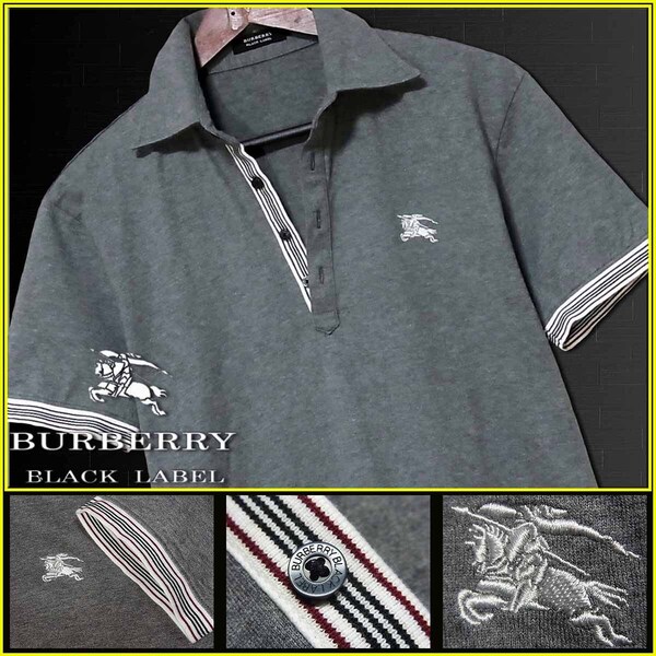 極美品!希少L!BIGナイト刺繍&前立・袖先チェックライン ポロシャツ▼バーバリーブラックレーベル BURBERRY BLACK LABEL