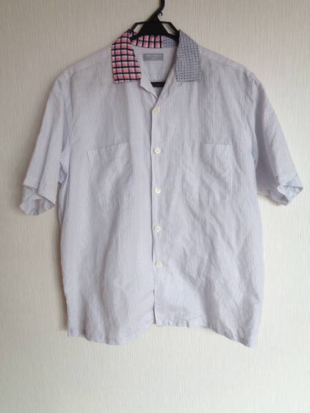 極上 美品 90s COMME des GARCONS 開襟 半袖 シャツ オーバー オープンカラー コットン リネン チェック ストライプ ヴィンテージ