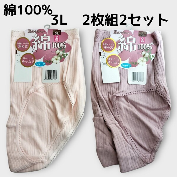 3Lショーツ2枚組2セット合計4枚 綿100% レディース パンツ ヒップ102cm〜110cm 新品未使用 丈深め