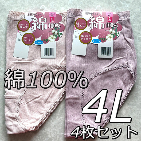 大きいサイズ 4L 4枚セット 綿100% 無地 ショーツ パンツ 下着 肌着 レディース 婦人 女性 深履き まとめ買い インナー コットン デイリー