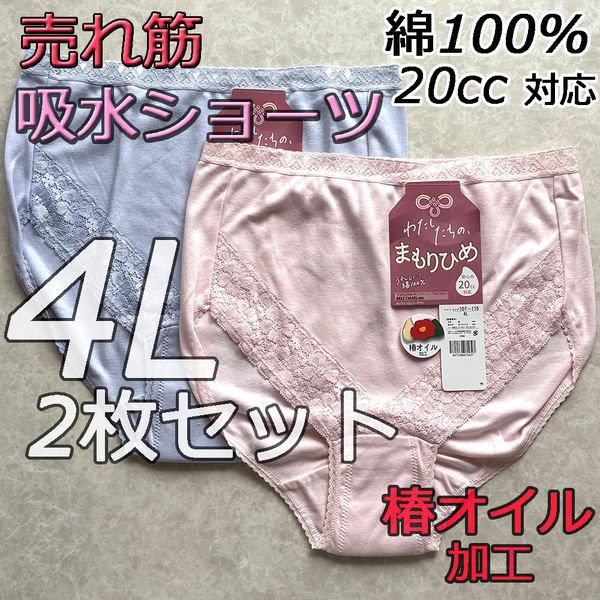 大きいサイズ 給水ショーツ 失禁 尿漏れパンツ 綿100% 女性用 4L 2枚組 下着 肌着 レディース 婦人 インナー コットン デイリー