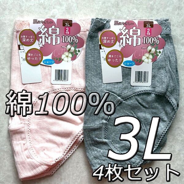 大きいサイズ 3L 4枚組 綿100% 無地 ショーツ パンツ 下着 肌着 レディース 婦人 女性 深履き まとめ買い インナー コットン デイリー